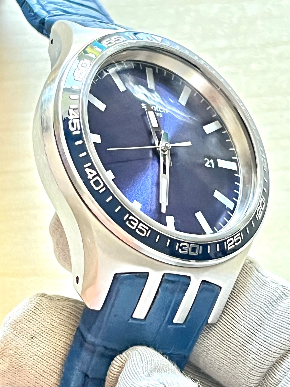 Swatch Orologi: Swatch Uhr Herren blau Leder – Usato da Grenchen venduto da chththl 9