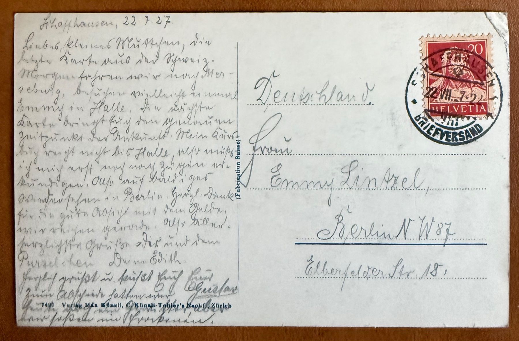 Cartoline postali: AK: Schaffhausen - Belle vue 1922 – Usato da Lutry venduto da Ediego 1