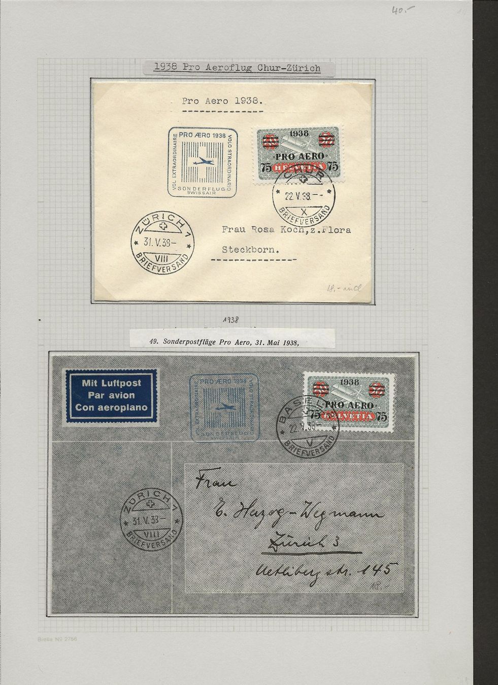 Alle Briefmarken: 2x Flugpost Stempel CHUR + BASEL Privat Luftpostbrief 1938 – Gebraucht aus Baar von Saegi1
