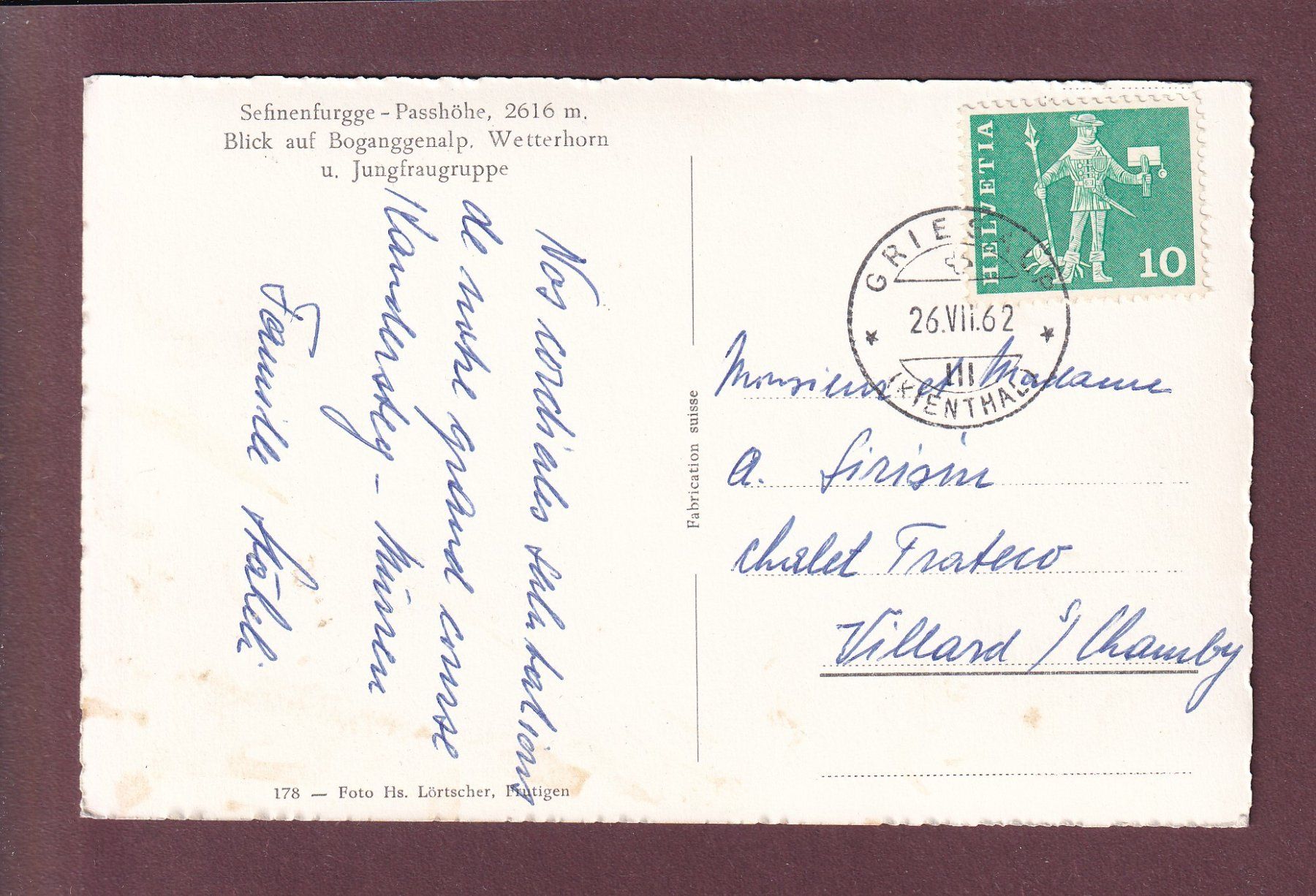 Cartoline postali: SEFINENFURGGE-PASSHÖHE - 1962 – Usato da Pully venduto da nicecards 1