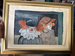 Gemälde mit Clowns, signiert, Jahr 1994, gerahmt.🖼️🤡