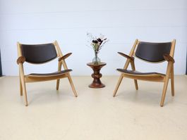 CH28 Sawbuck Sessel aus Eiche, schwarzem Leder von Hans