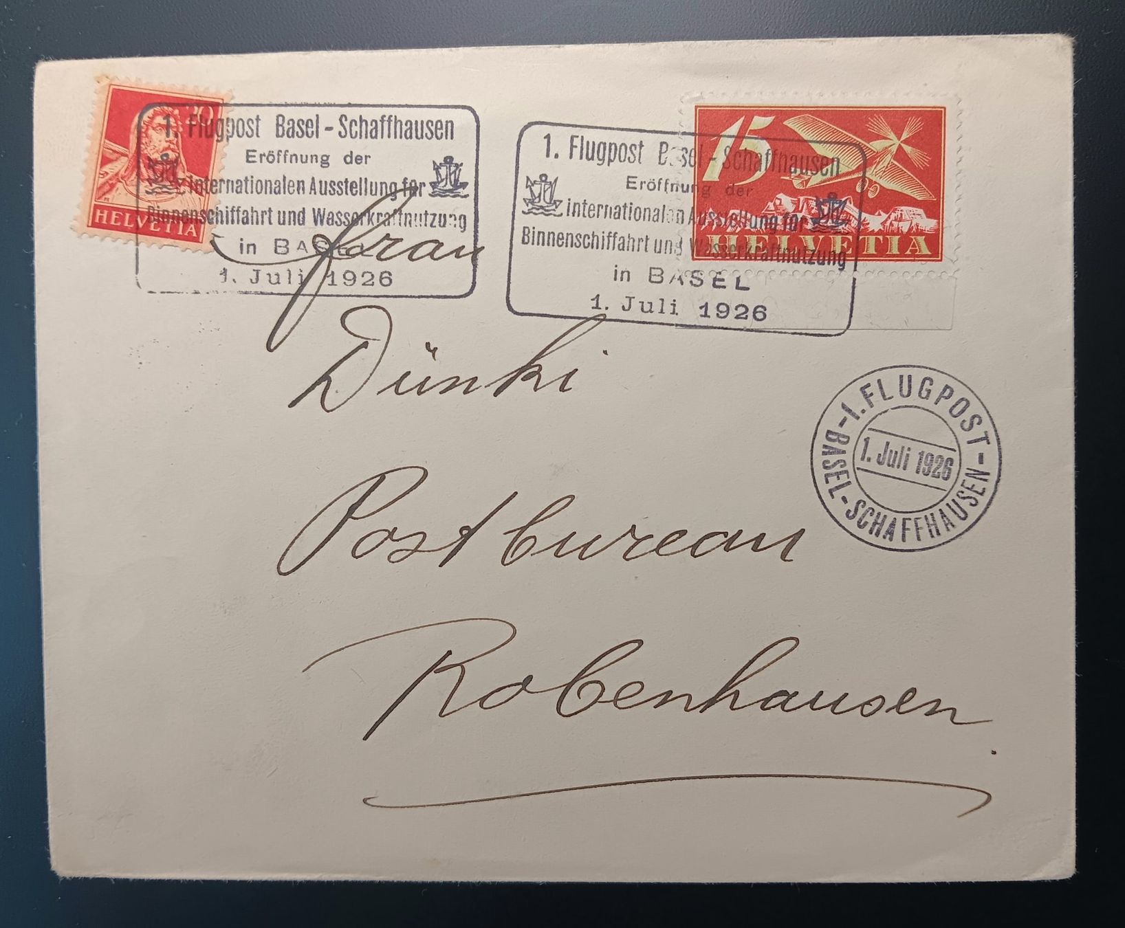 Tutti i francobolli: 1. Flugpost, Basel - Schaffhausen 1926 – Usato da Holderbank AG venduto da DINOS-PHILA