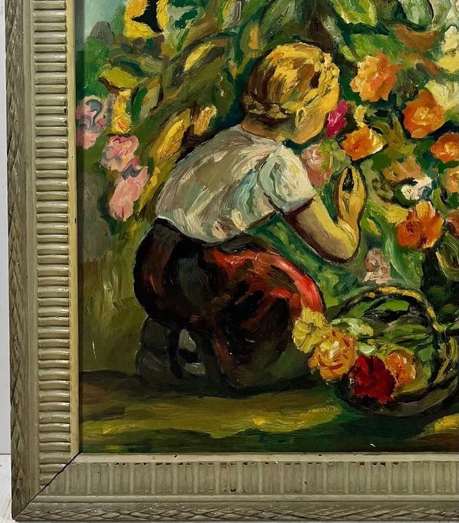 OELGEMÄLDE SIGNIERT MIT RAHMEN MÄDCHEN BEIM BLUMENPFLÜCKEN 5
