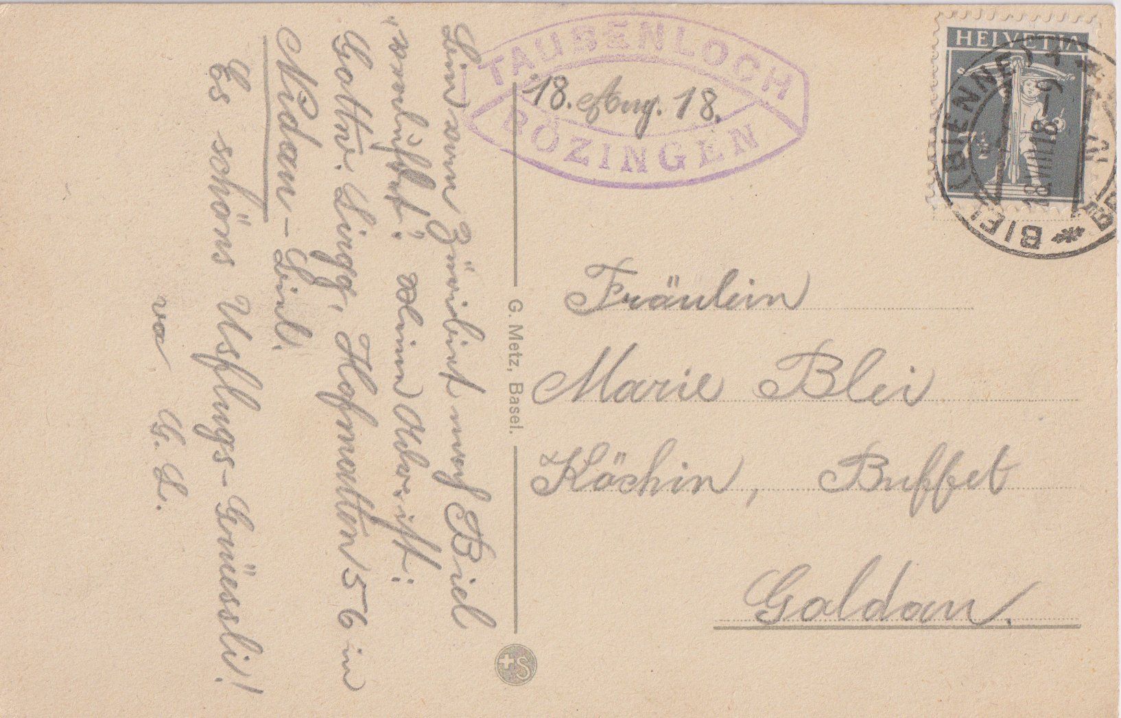 Cartoline postali: Ansichtskarte BÖZINGEN-TAUBELOCH 1918 – Usato da Eschlikon TG venduto da PhilCon 1