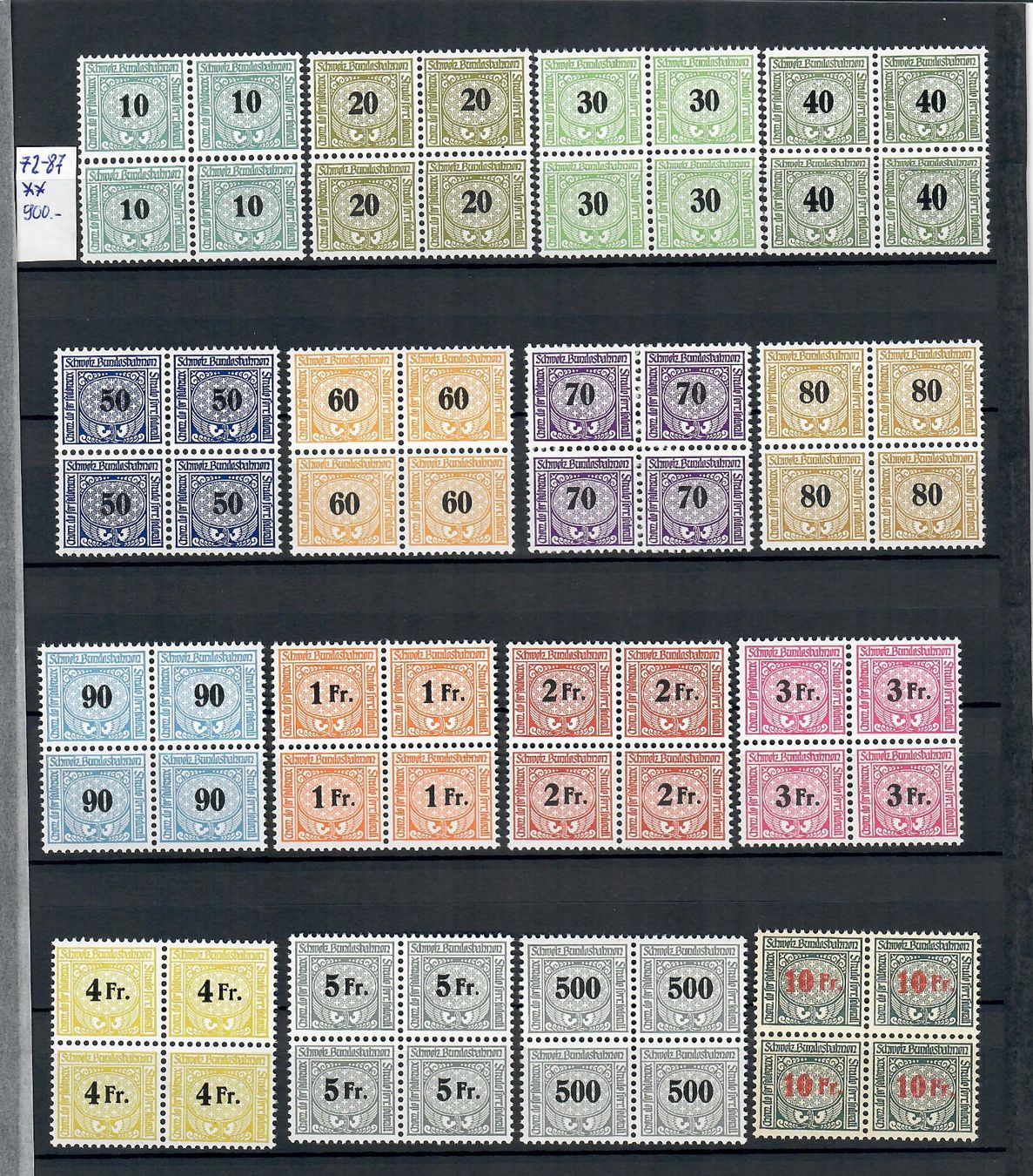 Tutti i francobolli: 1948: Eisenbahnmarken Nr. 72-87 4er Blocks Postfrisch ** – Nuovo e nell'imballaggio originale da Endingen venduto da briefmarkenmeier57