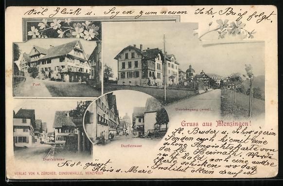 Cartoline postali: Menzingen, Dorfeingang westl., Post, Str – Usato da Berlin venduto da bartko-reher