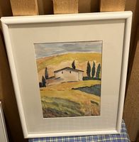 Aquarelle paysage toscan maison cyprès cadre blanc 40x50cm