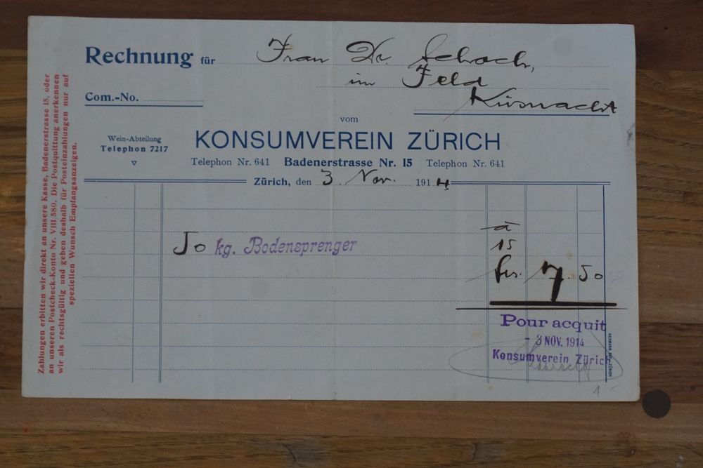 Alte Rechnung Konsumverein Zürich 50Kg.Bodensprenger 1914!!! Kaufen