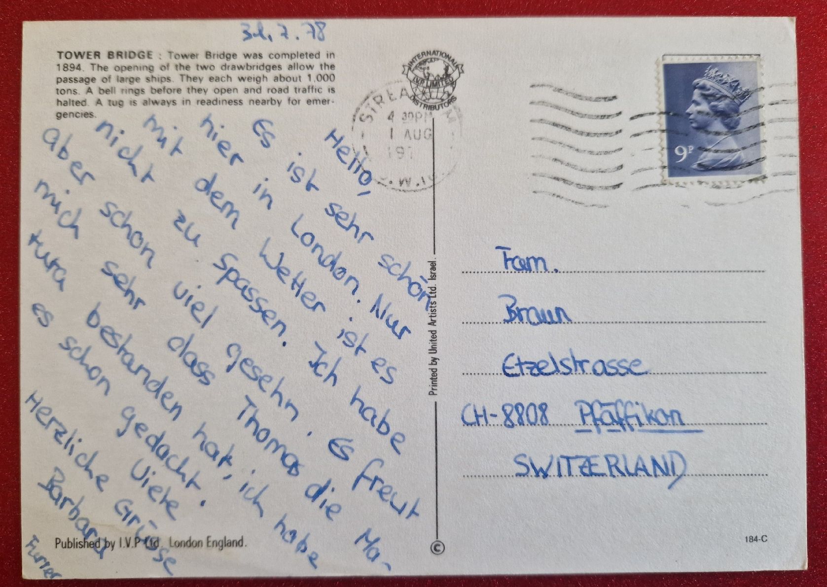 Cartoline postali: London, Tower Bridge, 1978 – Usato da Melchnau venduto da Arthurius 1