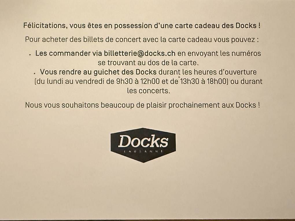 Cartoline: Carte cadeaux "Docks" 150 CHF – Usato da Epalinges venduto da Benoit2211