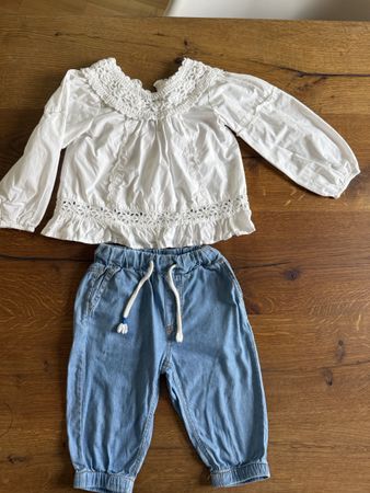 Mädchen-Set: Weißes Top & Jeans-Jogginghose, Größe 92