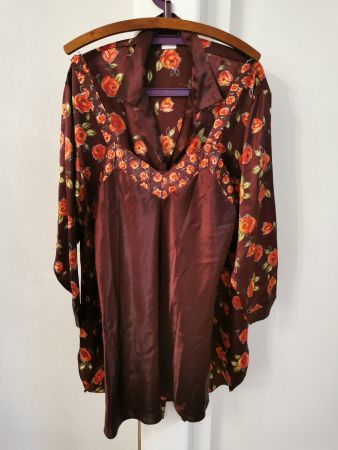 Damen Nachtwäsche M, glanzbraun m. Rosen, 2Teile, Polyester