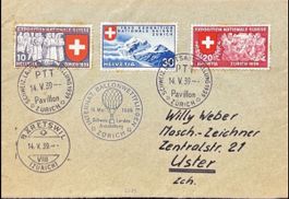 Schweiz Flugpost 1939 Ballonwettfliegen Bäretswil Uster