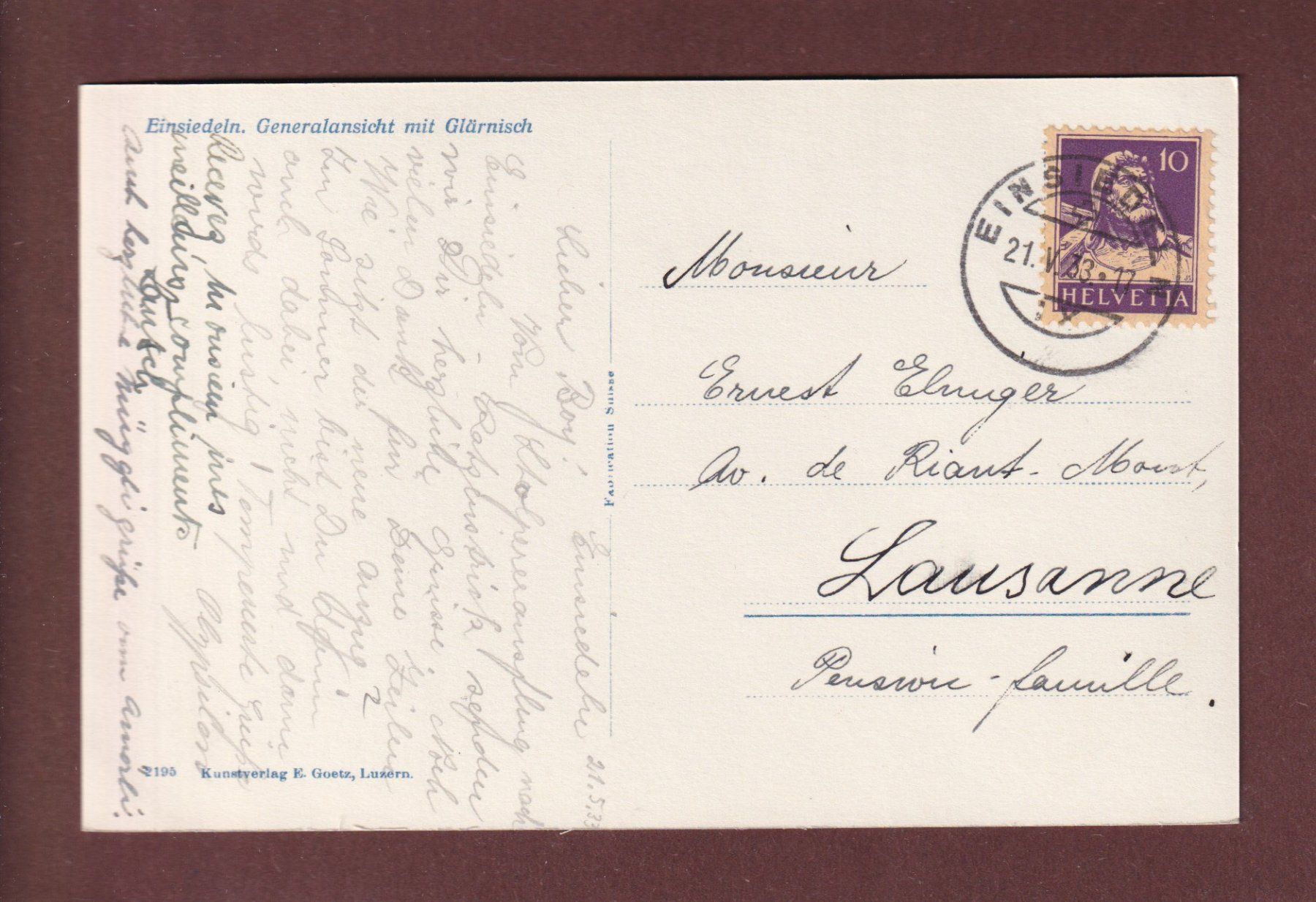 Cartoline postali: EINSIEDELN - Glärnisch - 1933 – Usato da Pully venduto da nicecards-shop 1