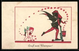 weiblicher Krampus fährt mit dem Roller