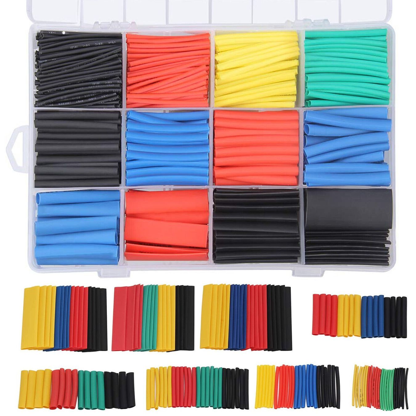 560pcs Heat Shrink Tubing Kit – 12 Sizes 2:1, Black & Red, PVC Box, 85-125°C, 600V