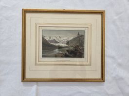 Antiker gerahmter Stahlstich "Der Roseg-Gletscher"