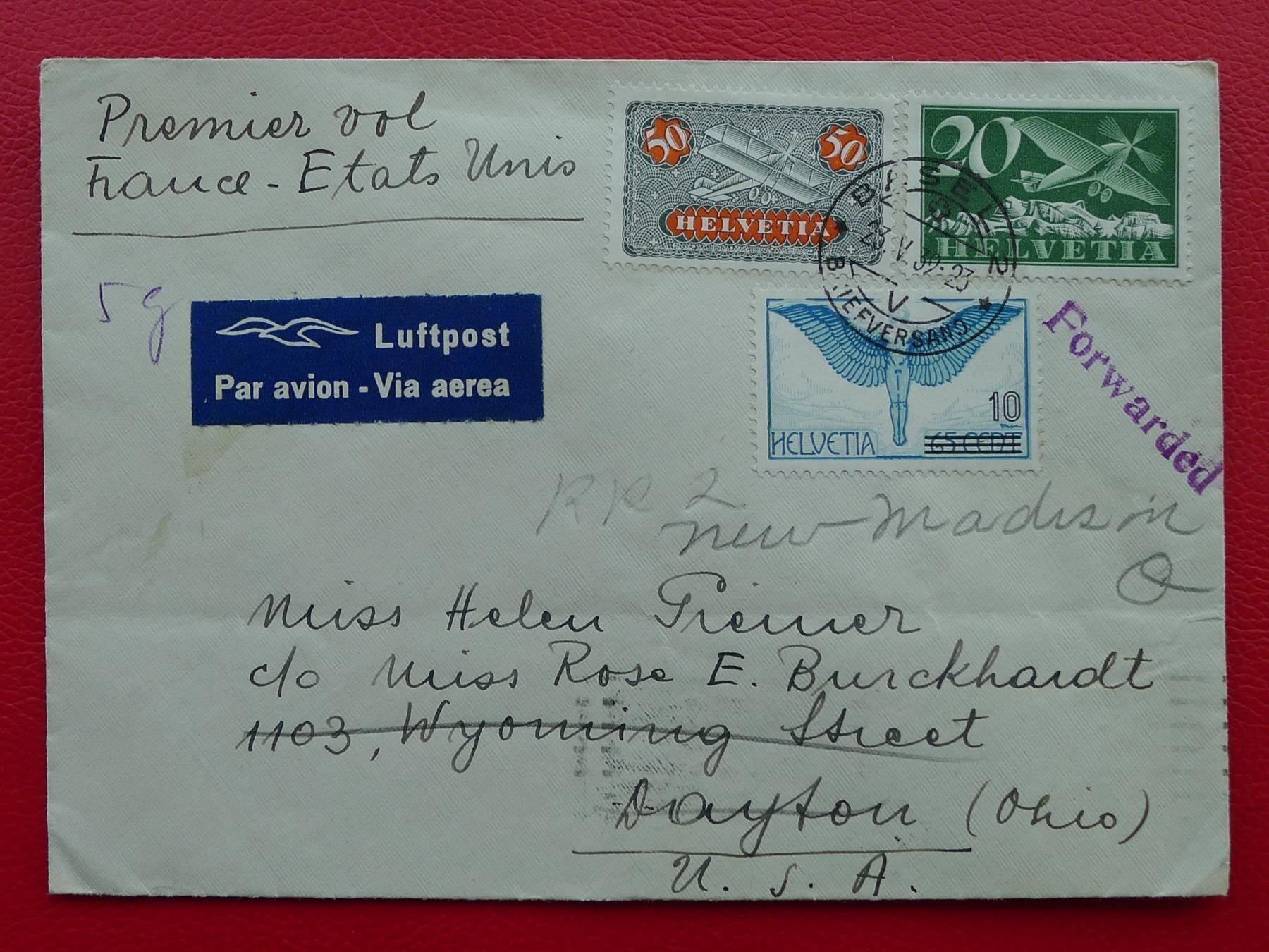 Alle Briefmarken: 1939, Flugpost-Brief: Basel nach USA, seltenes "FORWARDED" – Gebraucht aus Sursee von Luzernerraute