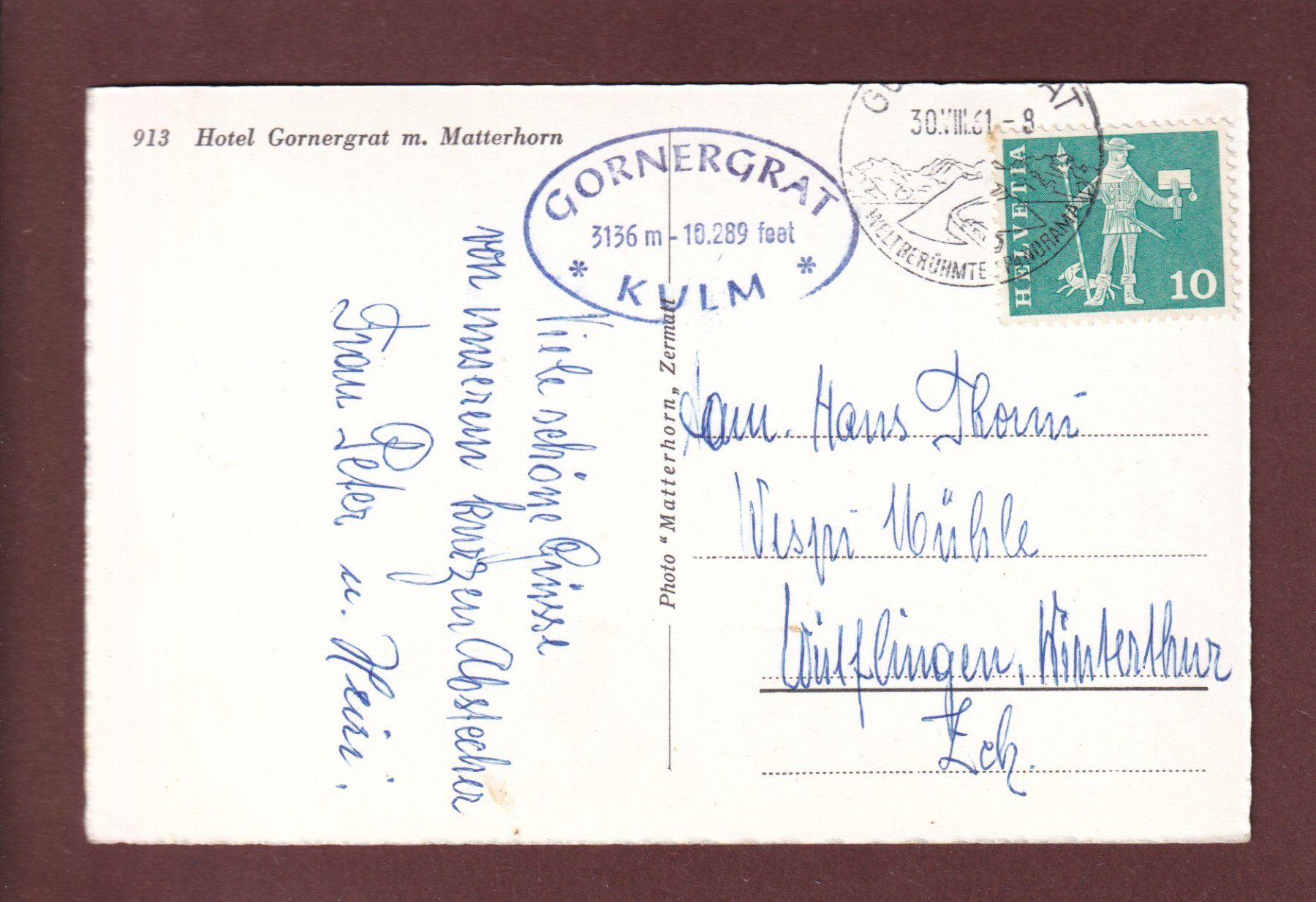 Cartoline postali: Hôtel GORNERGRAT - Matterhorn – Usato da Pully venduto da nicecards 1