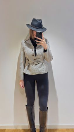 Damen Blazer Wolle kariert mit Gürtel braun weiss tailliert