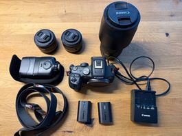 Canon R7 + RF 100-400 + RF 50 + RF 16 + 2 Akkus + Blitz