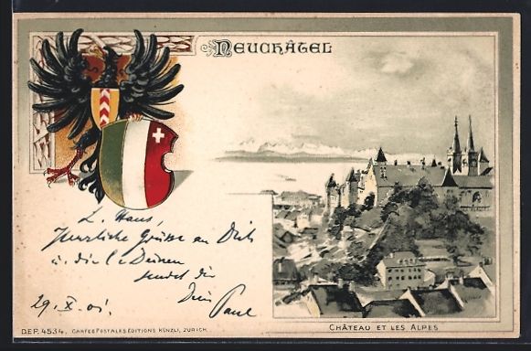 Cartes postales: Litho Neuchatel, Chateau et les Alpes, S – D'occasion à Berlin par bartko-reher