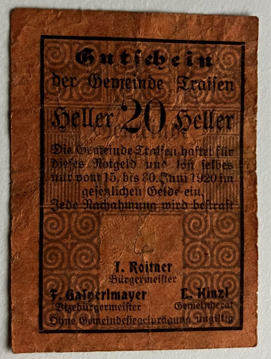 Banknoten: Österreich 20 Heller 1920 – Gebraucht aus Algetshausen von Carrhard