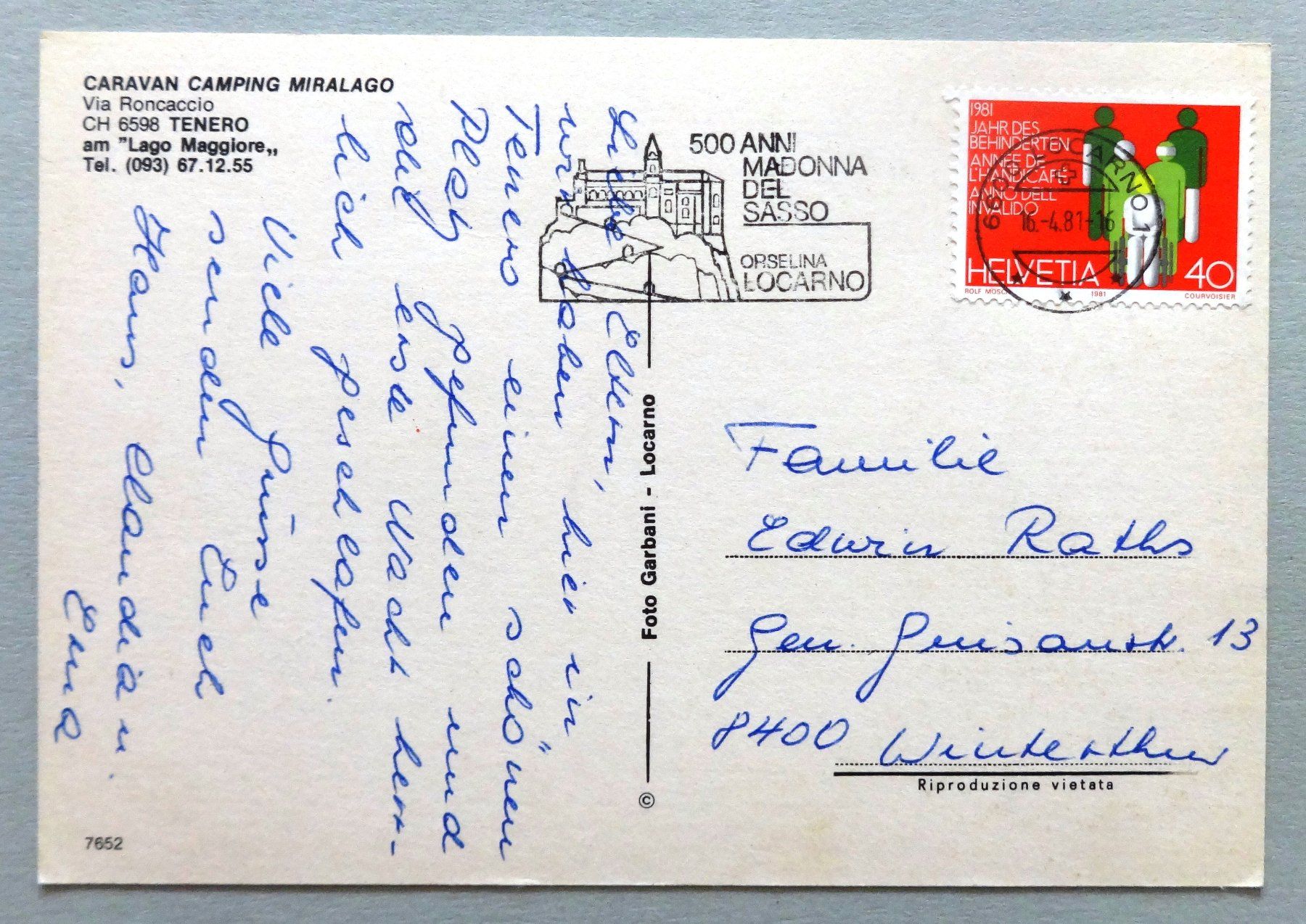 Cartes postales: Camping Miralago, Tenero – D'occasion à Fétigny par Billy2miny 1