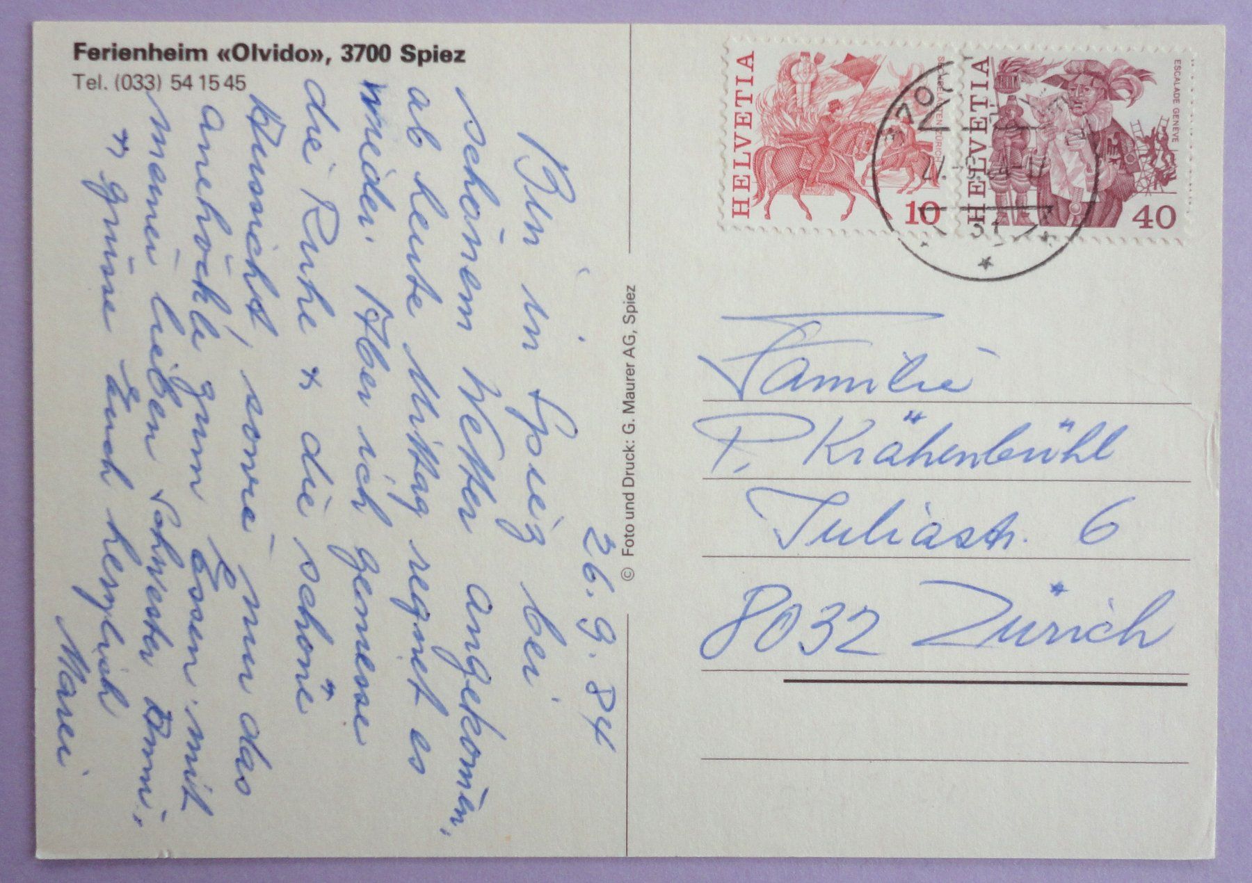 Cartoline postali: Ferienheim "Olvido", Spiez – Usato da Fétigny venduto da Billy2miny 1