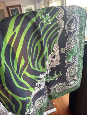 VERSACE Silk Scarf Green Black Floral Baroque Designer Vinta