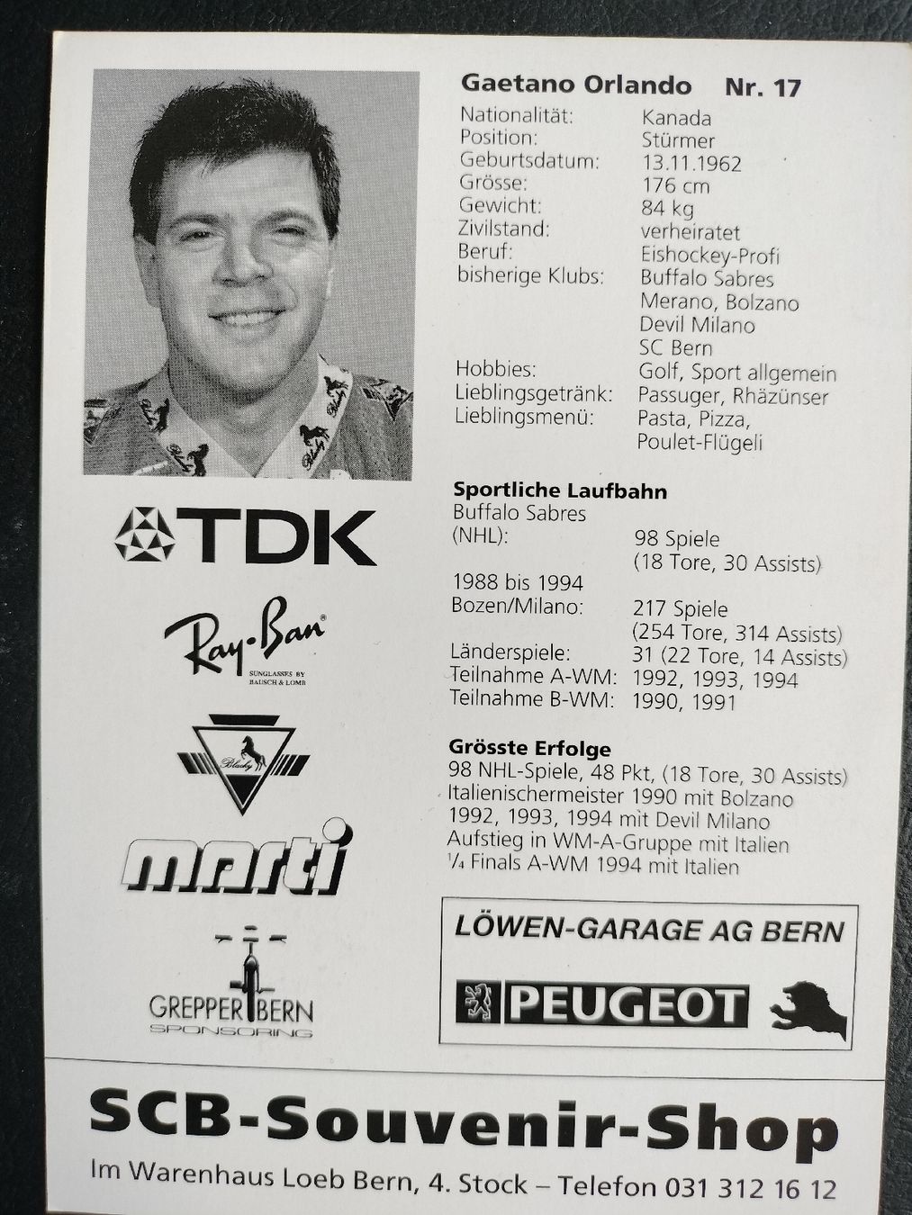 Autografi: Autogrammkarte Schweizer Eishockey , Gaetano Orlando – Usato da Schwanden Sigrisw venduto da cadieux71 1