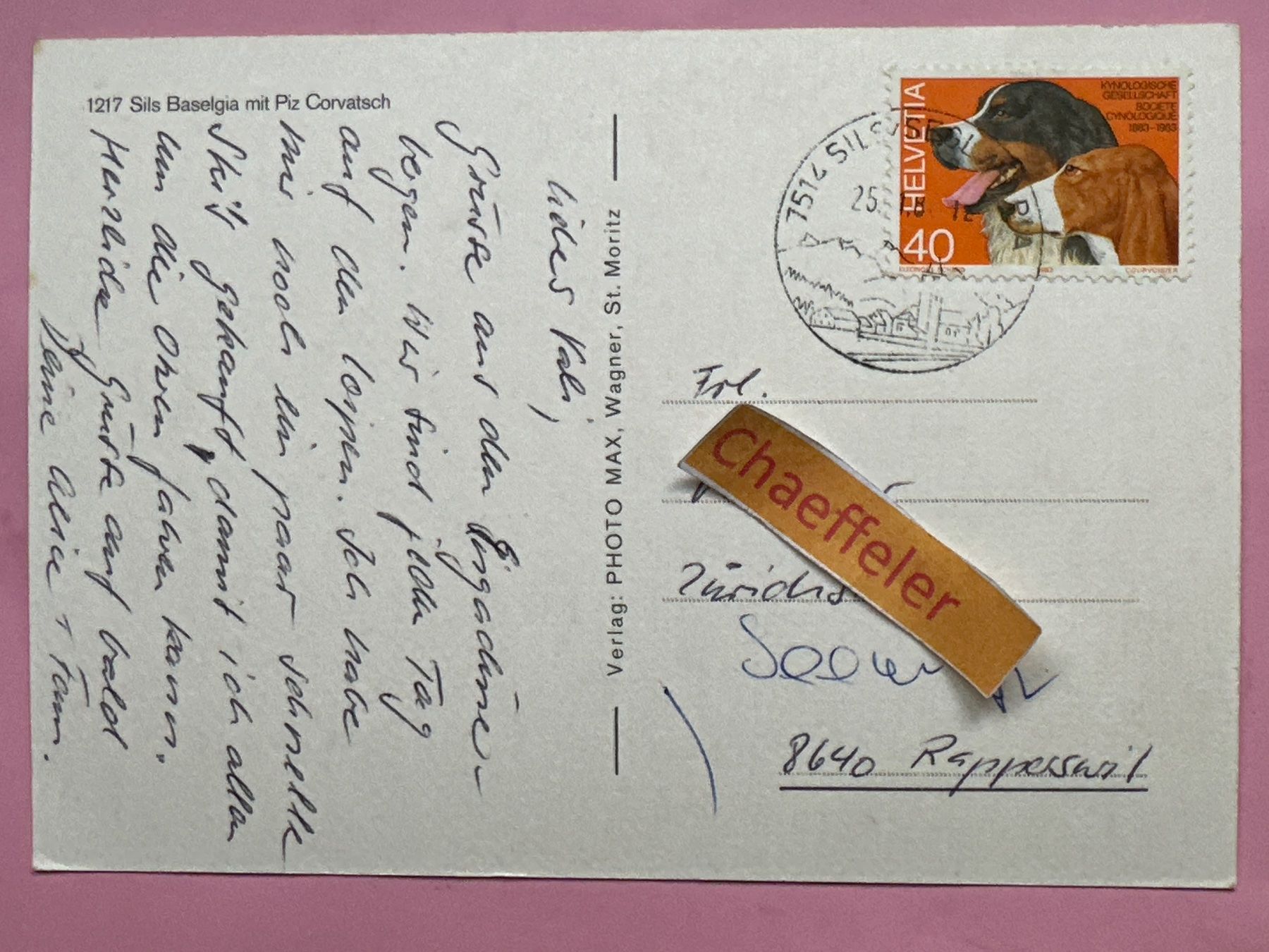Cartoline postali: 1217 Sils Baselgia mit Piz Corvatsch – Usato da Zürich venduto da Chaeffeler 1