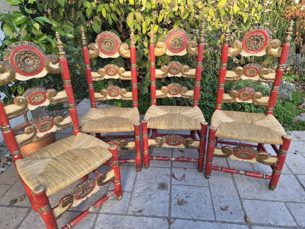 Seltenes Set von 4 antiken Barockstühlen - Rot & Gold (D'occasion) à ...