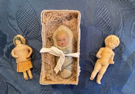 Antikes Christkind, 1 Fatschenkind & Frozen-Charlotte Puppe