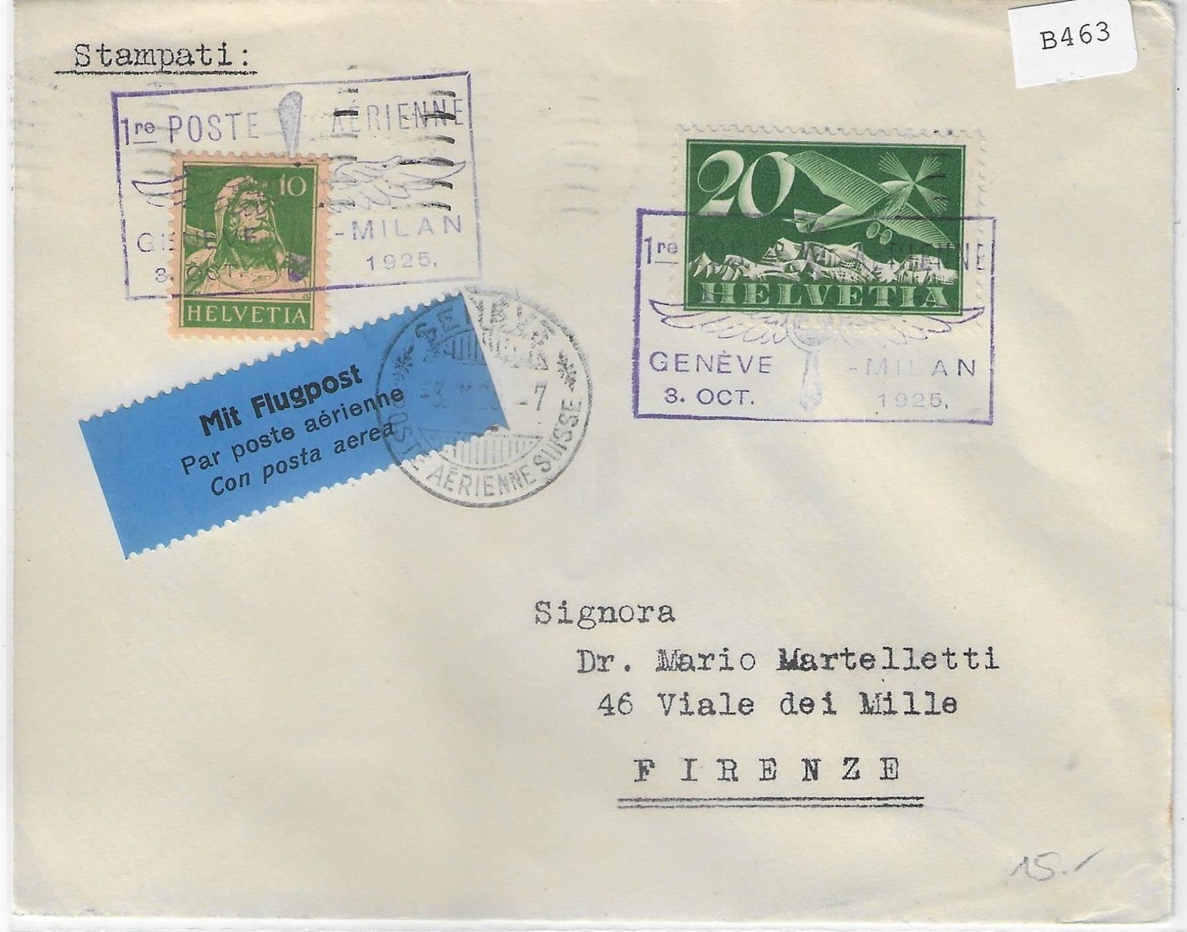 Alle Briefmarken: 1925 1re Poste Aérienne Genève - Milan – Antik aus Ettingen von Kartenplanet