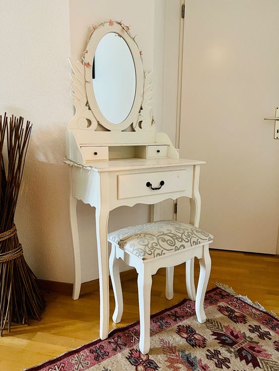 Schminktisch Mit Beleuchtung Und Hocker - 140cm Frisiertisch Mit Schubladen In Weiß/Gold