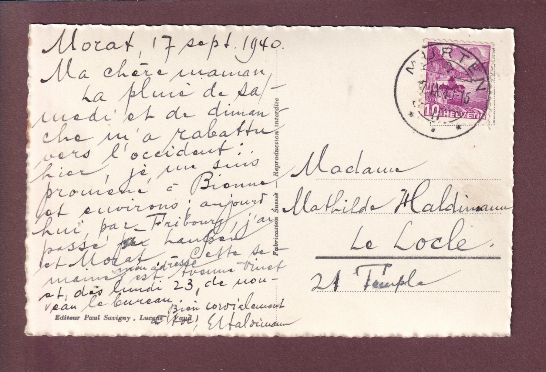 Ansichtskarten: MORAT - Rubenloch - 1940 – Gebraucht aus Pully von nicecards 1