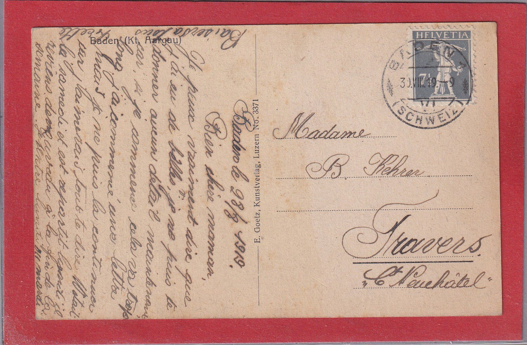 Cartoline postali: Baden (AG) 1919 – Usato da Orvin venduto da Pyaeschli 1