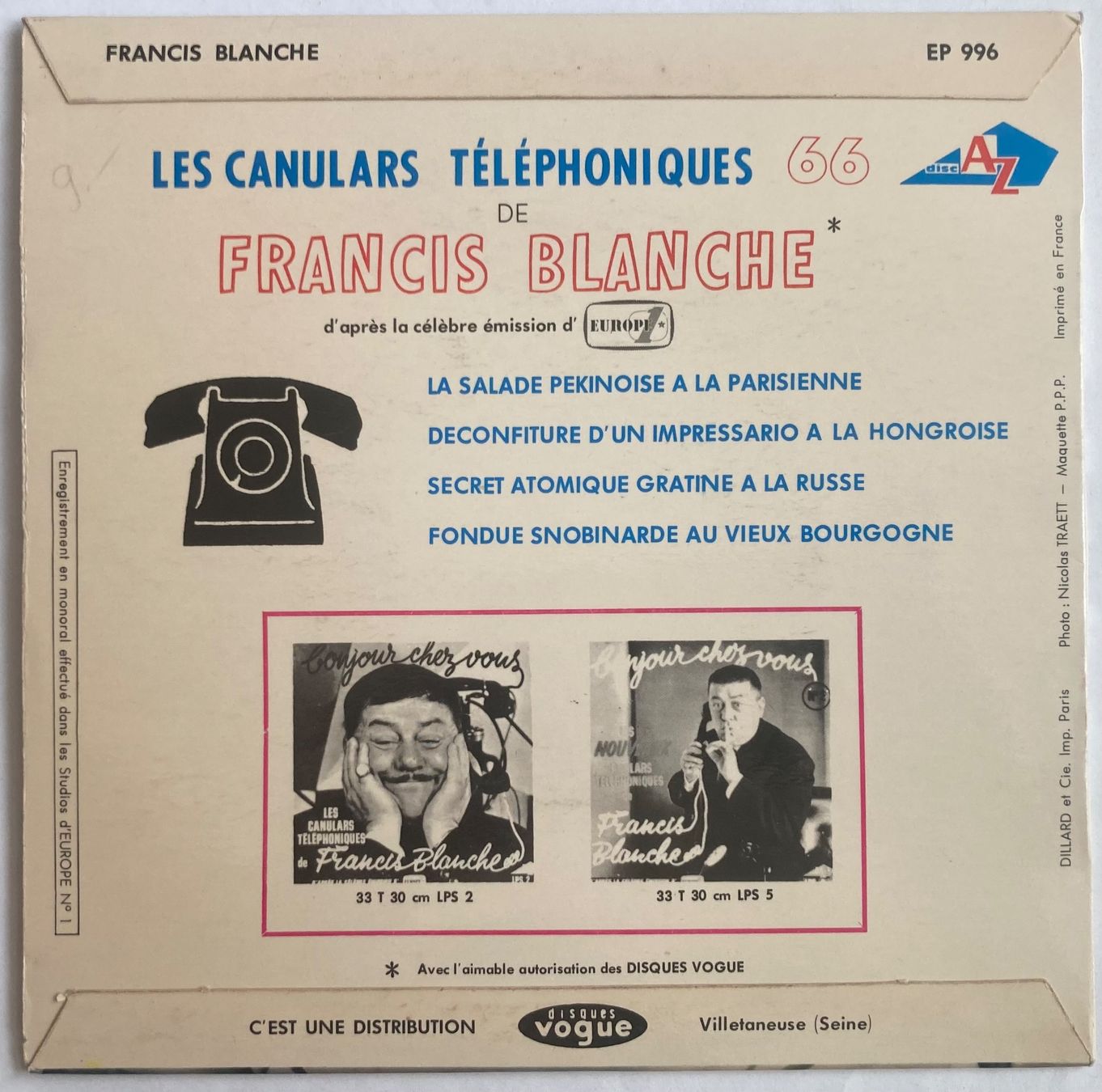 Schallplatten: FRANCIS BLANCHE - RECETTES DE CANULARS TÉLÉPHONIQUES – Gebraucht aus Poliez-Pittet von Newtown-Records 1