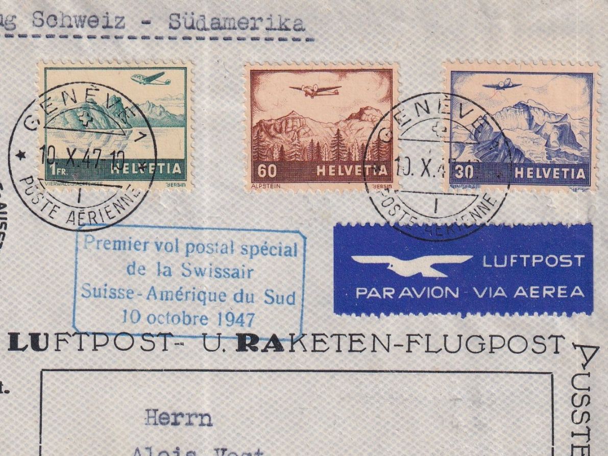 Tutti i francobolli: Erster Postflug CH - Südamerika  /  Genève 10.10.1947 – Usato da Orvin venduto da Pyaeschli 1
