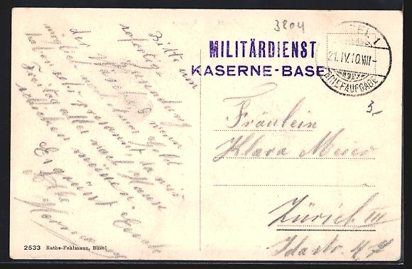 Ansichtskarten: AK Basel, Kaserne mit Soldaten, 1910 – Gebraucht aus Berlin von bartko-reher 1