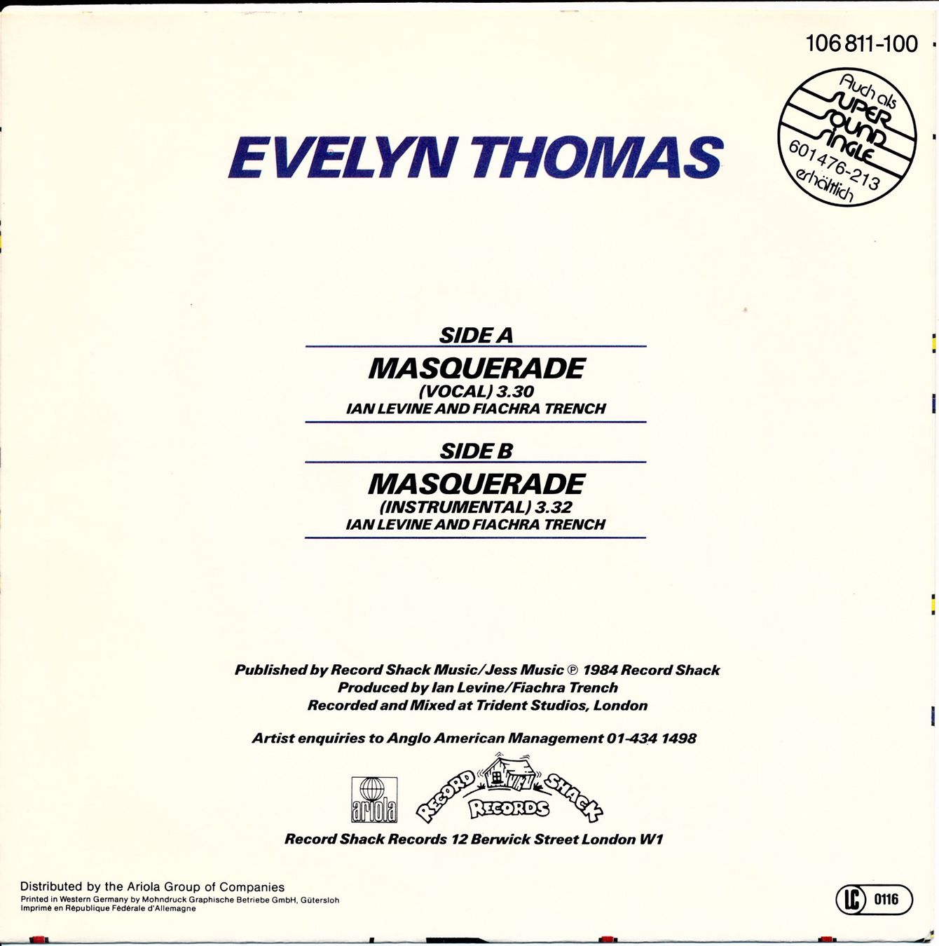 Schallplatten: EVELYN THOMAS - MASQUERADE (7'' Vinyl Single NM) – Gebraucht aus Hedingen von Studers 1