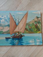 Tableau Huile s/ toile 1937 - Barque du Léman & cygnes -