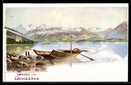 Litho Thunersee, Ruderboote am Ufer, See
