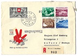 1953 Pro Patria FDC-Satzbrief mit Ausgabestempel n. Schweden