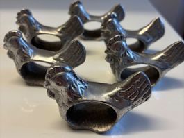 6 Vintage Hühner Serviettenringe, Metall