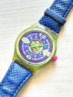 Swatch Stopp Uhr Gehäuse transparent blaues Armband