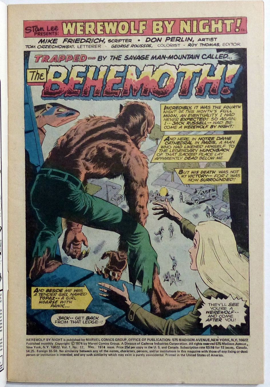 Fumetti: WEREWOLF BY NIGHT #17 VS THE BEHEMOTH MARVEL 1974 – Usato da Lugano venduto da YouWantUS 1