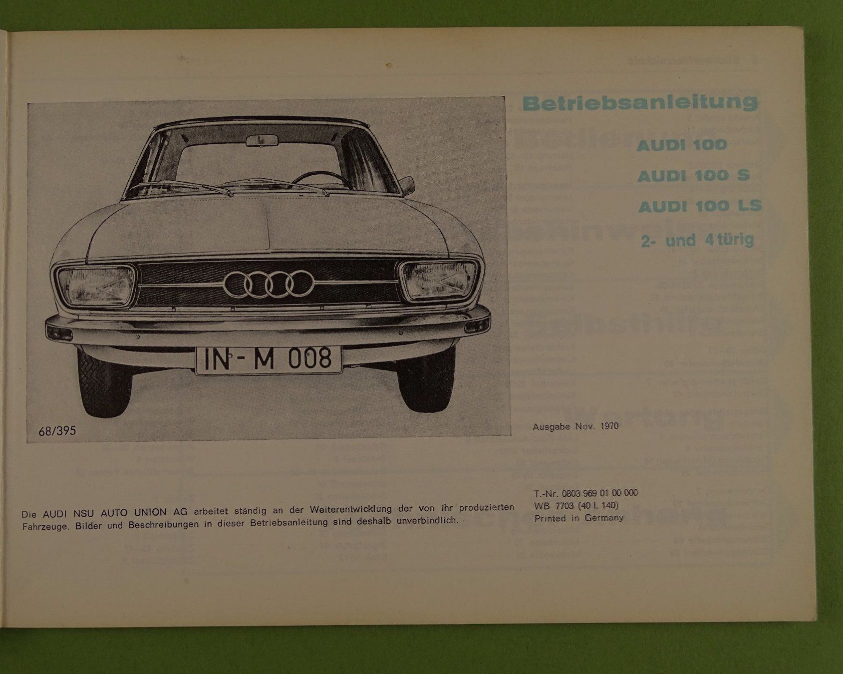 Libri: AUDI 100 BETRIEBSANLEITUNG 1970 – Usato da Grüningen venduto da Kartensammler